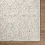Close up of Almaas Cream Thick Luxe Area Rug showing farmhouse style pattern and soft texture. Corner