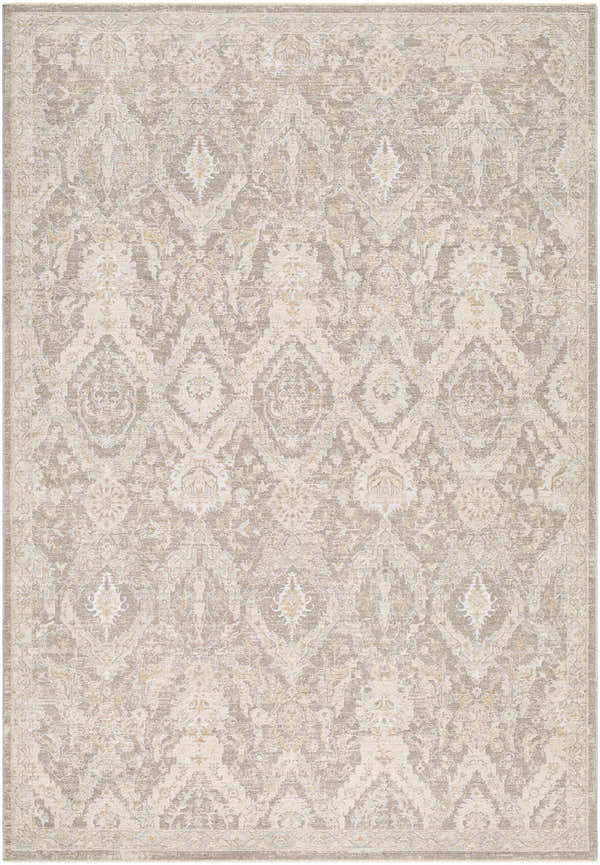 Almaas Medium Gray rug with a traditional damask pattern in neutral beige and gray tones. Luxe texture. Design-Rectangle-6796