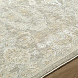 Close-up of the Almaas Medium Gray rug showing its traditional pattern, soft texture, and neutral color palette. Texture