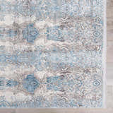 Close-up of Rydalmere Luxury Ultra Soft Rug. Traditional pattern in shades of blue, gray, and cream. Machine woven texture. Swatch