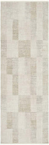 Close-up of the Radia Luxe Rug. Ash and silver gray polyester rug with a modern farmhouse geometric pattern. Design-Runner-27710