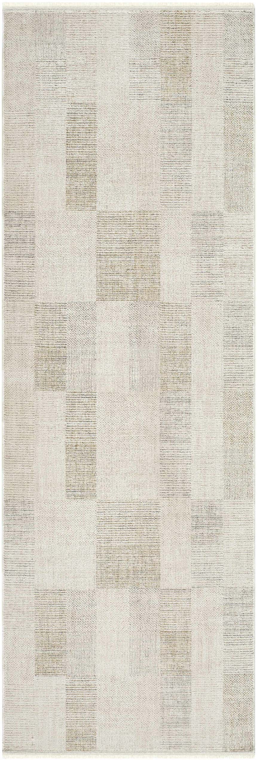 Close-up of the Radia Luxe Rug. Ash and silver gray polyester rug with a modern farmhouse geometric pattern. Design-Runner-27710