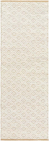 Close-up of the hand woven Irela Area Rug. Jute and wool rug with a beige diamond pattern. Farmhouse style. Design-Runner-268