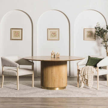 Dining room scene with a round wood table on a cream Ayano Plush Textured Washable Rug. Roomscene-Rectangle