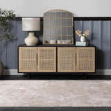 Living room scene with beige Garza Diamond Textured Washable Rug, dark wood console table, and neutral decor. Roomscene-Rectangle