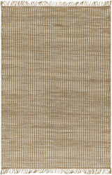 Close-up of the Mihal Area Rug. Beige and light beige jute rug with a hand-woven, farmhouse-style design and fringe. Design-Rectangle-576