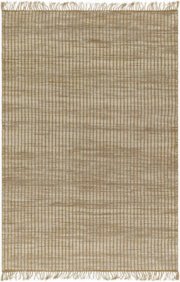 Close-up of the Mihal Area Rug. Beige and light beige jute rug with a hand-woven, farmhouse-style design and fringe. Design-Rectangle-576