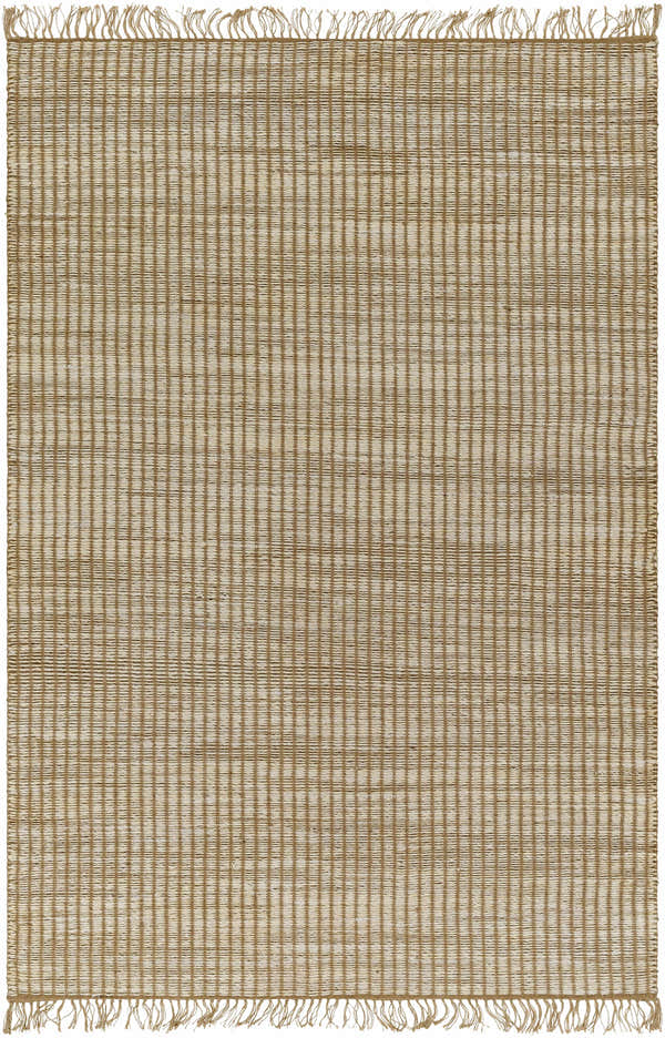 Close-up of the Mihal Area Rug. Beige and light beige jute rug with a hand-woven, farmhouse-style design and fringe. Design-Rectangle-576