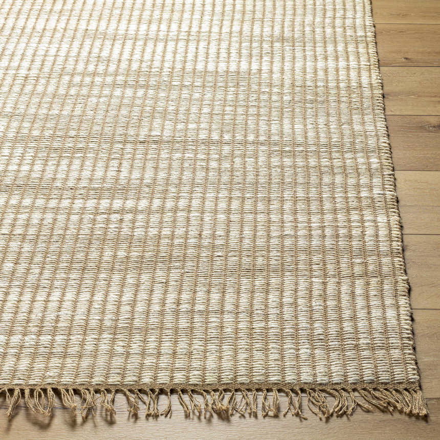 Close-up of the Mihal Area Rug, a hand-woven jute rug in beige and light beige with a traditional, farmhouse style. Front