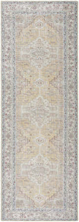 Close-up of the Reza Mustard Washable Rug, a traditional runner rug with dark brown, pink, gray, and tan tones. Farmhouse style. Design-Runner-27710