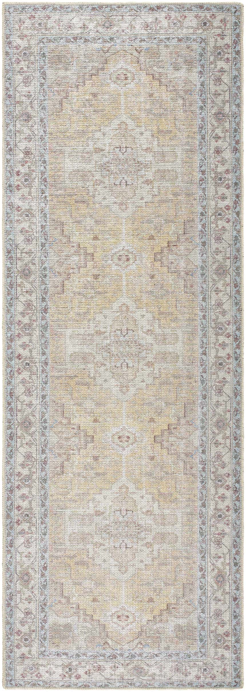Close-up of the Reza Mustard Washable Rug, a traditional runner rug with dark brown, pink, gray, and tan tones. Farmhouse style. Design-Runner-27710