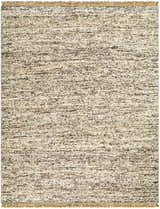 Close-up of the Tan Gopi Area Rug. Hand woven jute and wool rug in tan, black, and taupe with fringed edges. Design-Rectangle-810