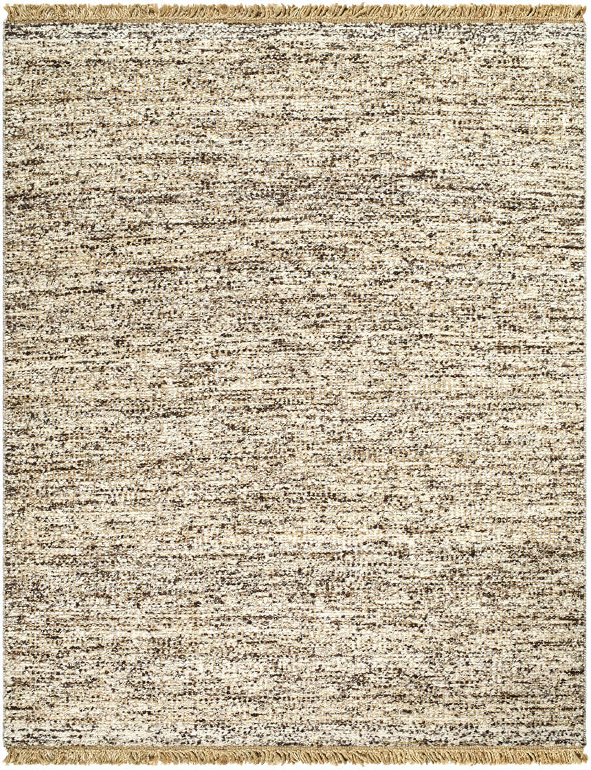 Close-up of the Tan Gopi Area Rug. Hand woven jute and wool rug in tan, black, and taupe with fringed edges. Design-Rectangle-810