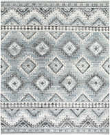 Close-up of Binda Area Rug. Geometric, Southwestern design in blue, gray, ivory, and brown. Hand-woven recycled PET yarn. Design-Rectangle-810