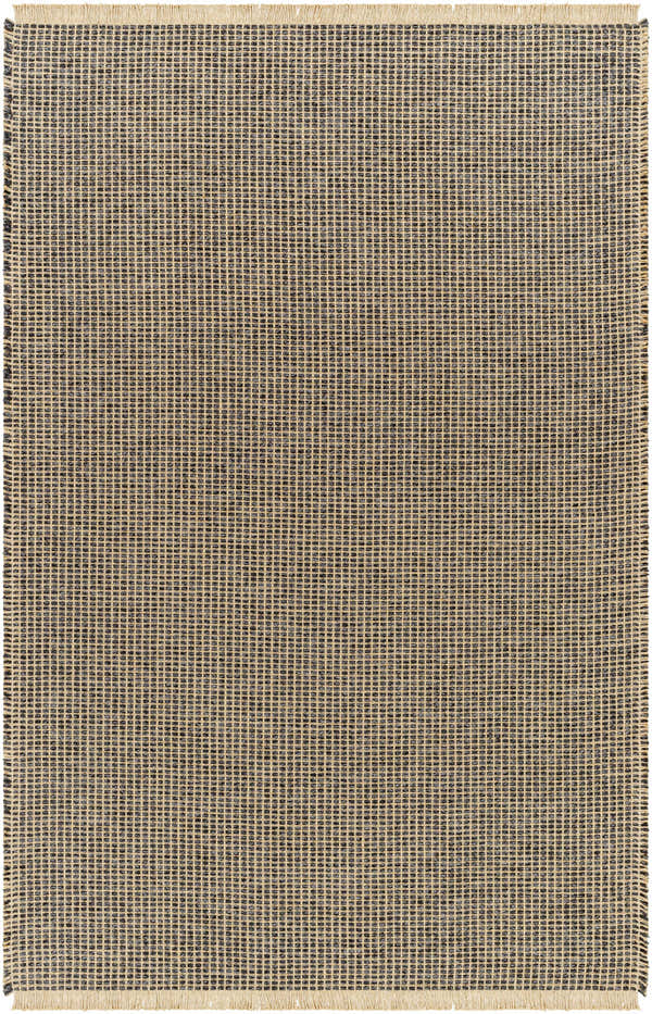 Close-up of the Kimi Machine Woven Becki Owens x LIVABLISS rug. Jute texture in black and light brown grid pattern. Design-Rectangle-537