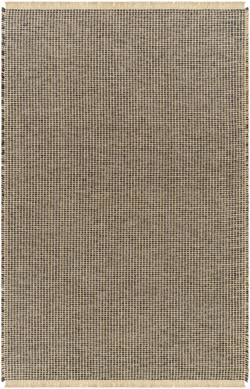 Close-up of the Kimi Machine Woven Becki Owens x LIVABLISS rug. Jute texture in black and light brown grid pattern. Design-Rectangle-537