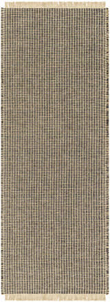 Close-up of the Kimi Machine Woven Becki Owens x LIVABLISS BOKM-2305 Area Rug. Black and light brown jute rug with woven texture. Design-Runner-2773
