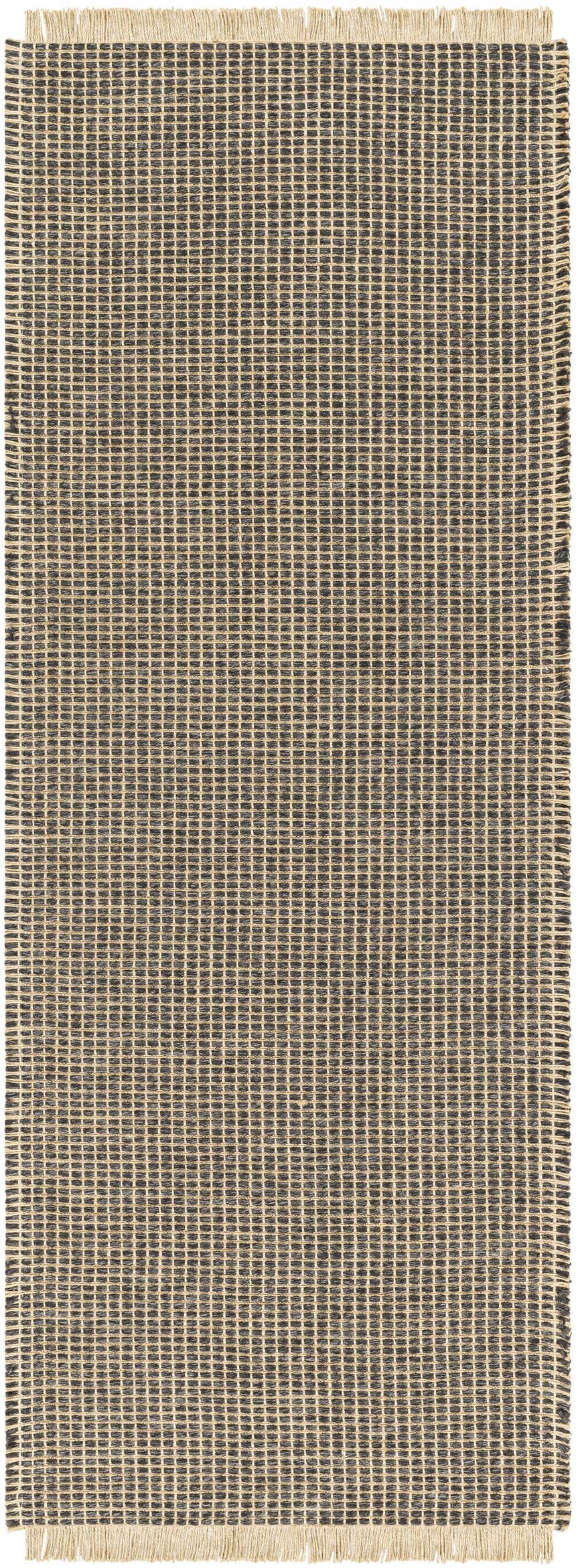 Close-up of the Kimi Machine Woven Becki Owens x LIVABLISS BOKM-2305 Area Rug. Black and light brown jute rug with woven texture. Design-Runner-2773