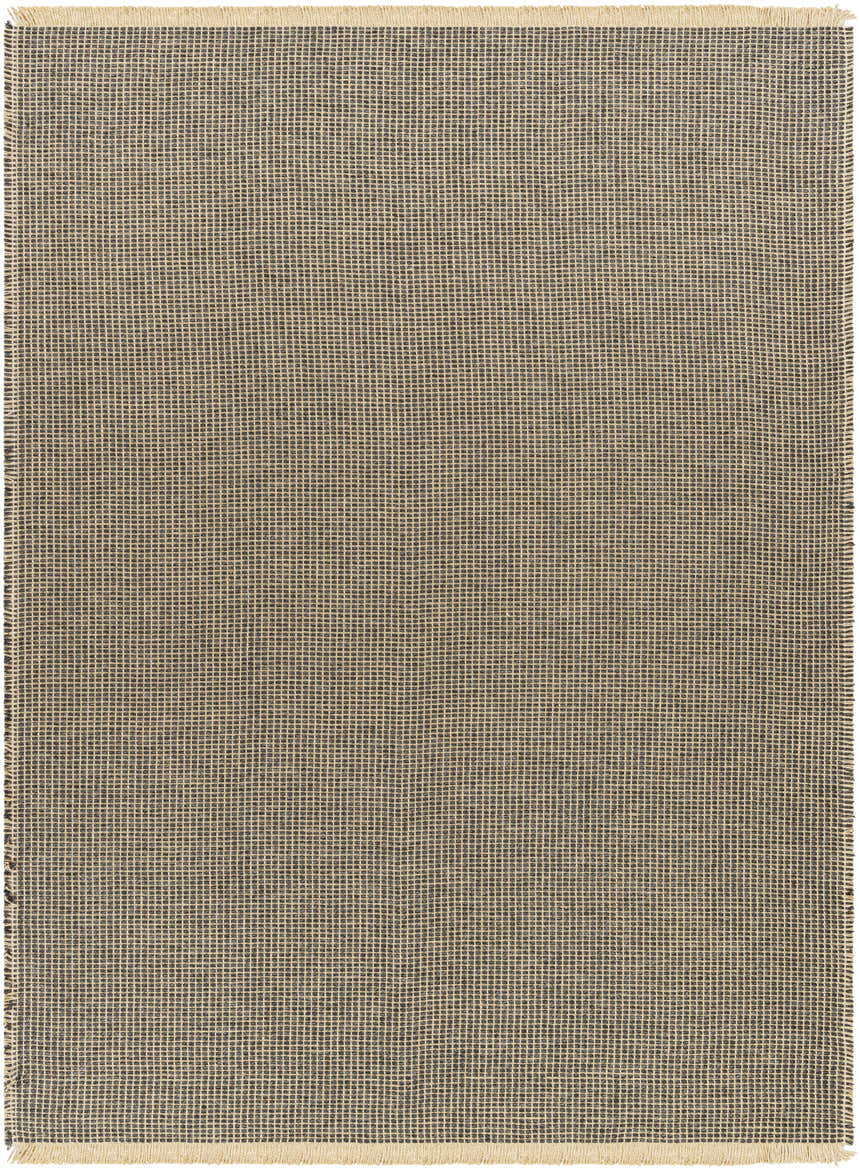 Close-up of the Kimi Machine Woven Becki Owens x LIVABLISS rug. Jute rug with a grid pattern in black and light brown. Design-Rectangle-71010