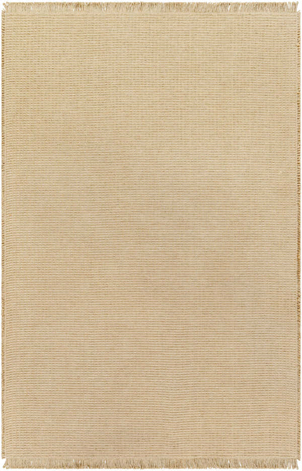 Close-up of the light brown Kimi Machine Woven Becki Owens x LIVABLISS rug, featuring a jute texture and fringed edges. Design-Rectangle-537