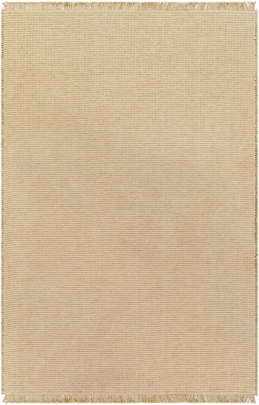 Close-up of the light brown Kimi Machine Woven Becki Owens x LIVABLISS rug, featuring a jute texture and fringed edges. Design-Rectangle-537