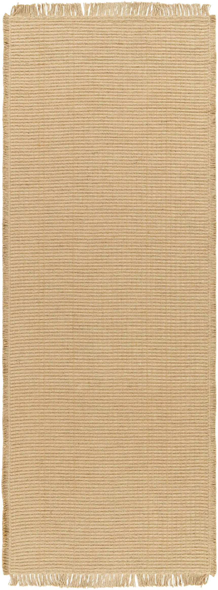 Close-up of the light brown Kimi Machine Woven Becki Owens x LIVABLISS area rug featuring a jute texture and fringed edges. Design-Runner-2773