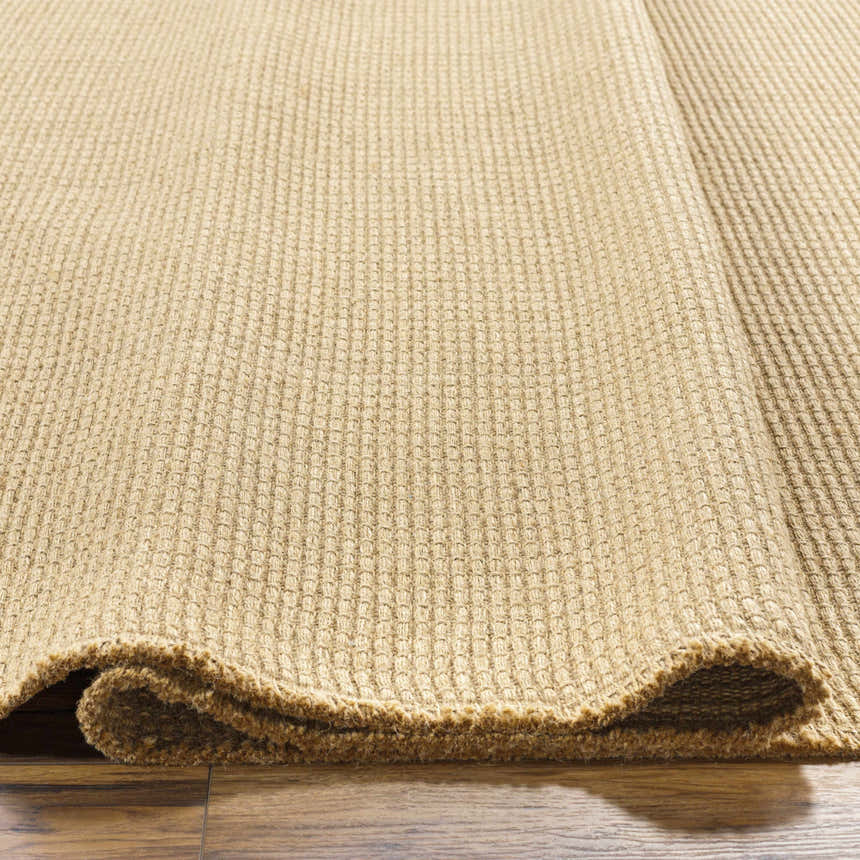 Close-up of the light brown Kimi Machine Woven Becki Owens x LIVABLISS area rug showing texture and jute material. Texture