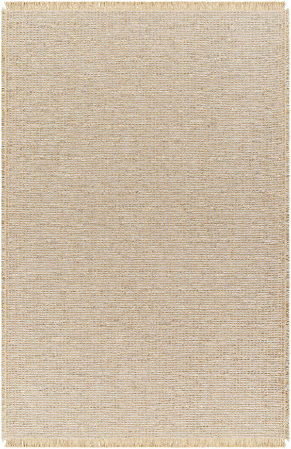Close-up of the Kimi Machine Woven Becki Owens x LIVABLISS rug. Tan, light brown jute with a woven texture and fringed edges. Design-Rectangle-537