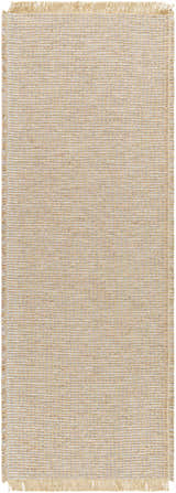 Close-up of Kimi Machine Woven Becki Owens x LIVABLISS BOKM-2306 rug. Jute rug in gray, light brown, and tan with fringe. Design-Runner-2773