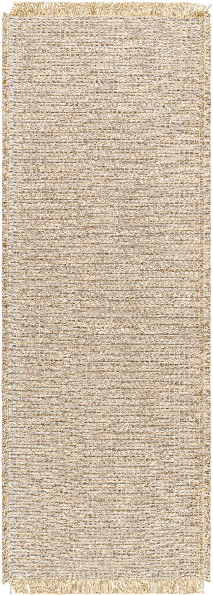 Close-up of Kimi Machine Woven Becki Owens x LIVABLISS BOKM-2306 rug. Jute rug in gray, light brown, and tan with fringe. Design-Runner-2773