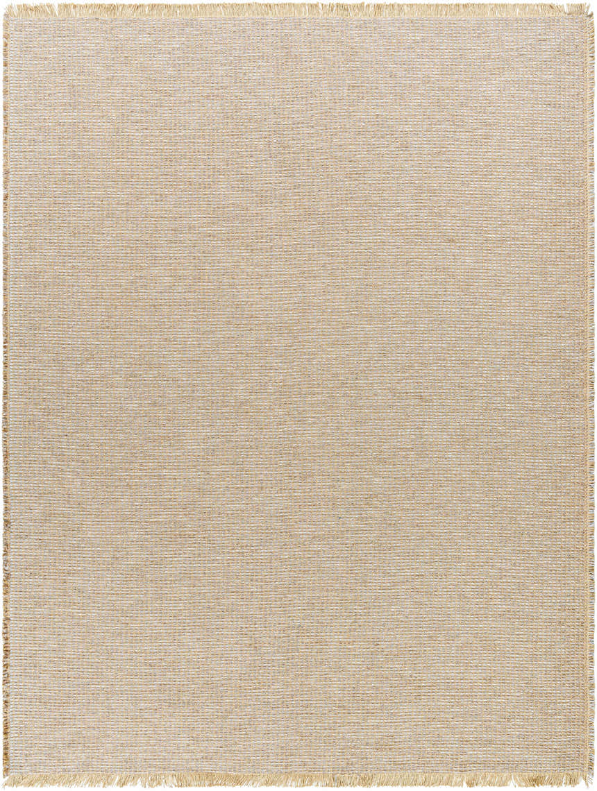 Close-up of the Kimi Machine Woven Becki Owens x LIVABLISS rug. Jute rug in gray, light brown, and tan with a woven texture. Design-Rectangle-71010