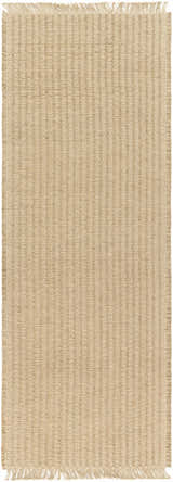 Close-up of the light brown, jute Kimi Becki Owens x LIVABLISS BOKM-2300 area rug with woven texture and fringed edges. Design-Runner-2773