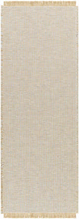 Close-up of Kimi Machine Woven Becki Owens x LIVABLISS rug. Gray and light brown jute with a woven grid pattern and fringed edges. Design-Runner-2773