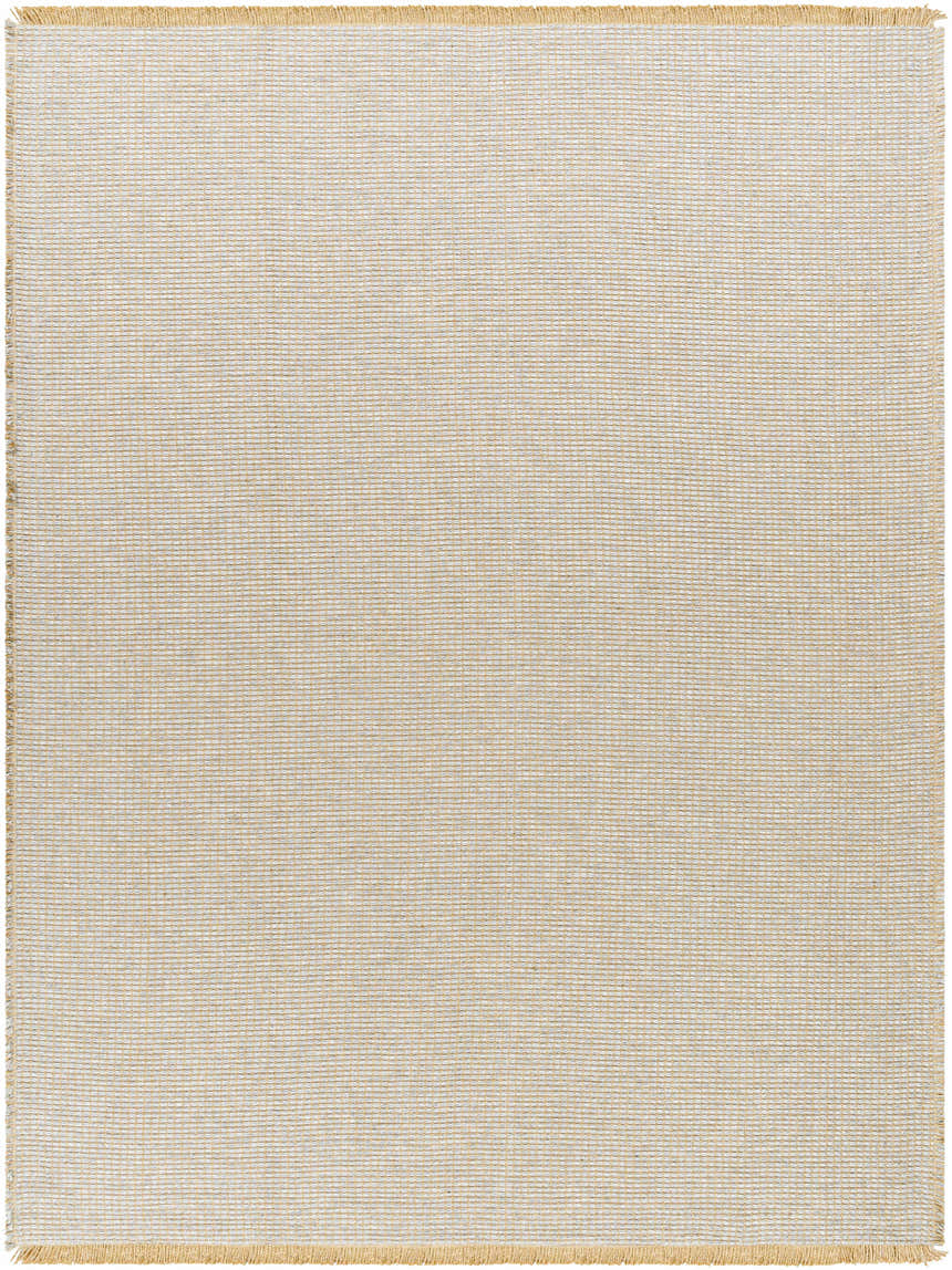 Close-up of Kimi Machine Woven Becki Owens x LIVABLISS rug. Gray and light brown jute with woven texture and fringed edges. Design-Rectangle-71010