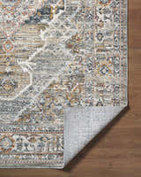 Close-up of the Jyler Traditional Area Rug showing its beige, beachhouse colors and farmhouse-style pattern. Fold