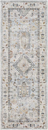 Detailed view of the Kamau Cream & Blue Area Rug, a machine woven runner with a farmhouse style pattern. Light gray and natural gray tones. Design-Runner-2773