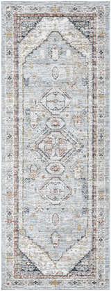 Detailed texture and pattern of the Kouta Gray Blue Area Rug, a traditional farmhouse style rug. Design-Runner-2773