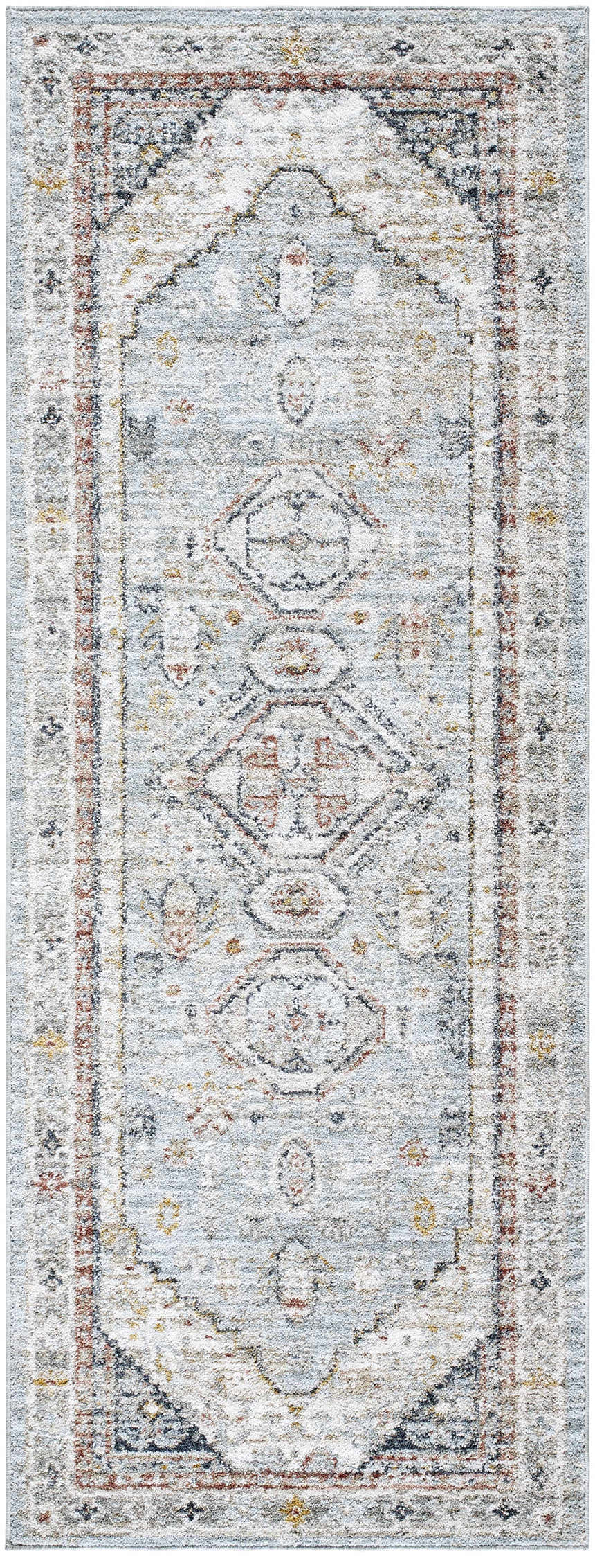Detailed texture and pattern of the Kouta Gray Blue Area Rug, a traditional farmhouse style rug. Design-Runner-2773