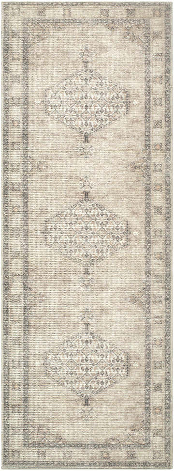 Close-up of the Lila Medallion Brown Area Rug. Beige rug features a traditional brown medallion pattern and gray border. Design-Runner-275