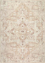 Close-up of the Esau Area Rug. Farmhouse style rug in beige, blush, ivory, sandstone, and taupe with a traditional, symmetrical pattern. Design-Rectangle-679