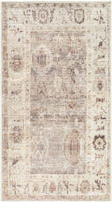Close-up of the Matat Area Rug. Traditional farmhouse style in beige, chestnut, ivory, tan, and taupe hues. Machine woven polyester. Design-Rectangle-23