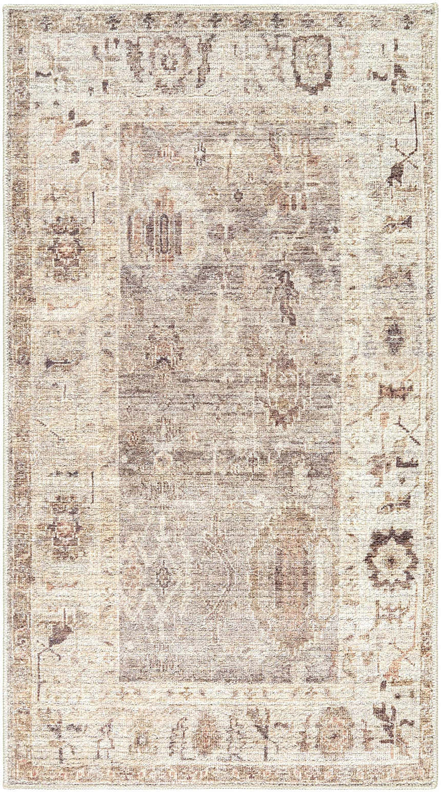 Close-up of the Matat Area Rug. Traditional farmhouse style in beige, chestnut, ivory, tan, and taupe hues. Machine woven polyester. Design-Rectangle-23