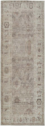 Close-up of the Marlene Becki Owens x LIVABLISS rug. Farmhouse style with camel, brown, and ivory traditional patterns. Design-Runner-2773