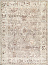 Detailed pattern of the Marlene Becki Owens x LIVABLISS BOMN-2311 area rug in camel, charcoal, and brown tones. Design-Rectangle-527