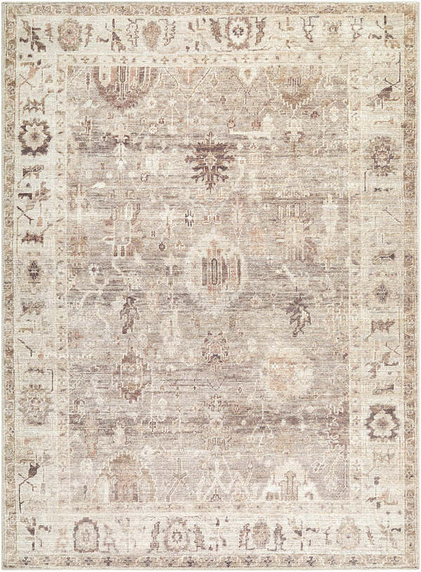 Detailed pattern of the Marlene Becki Owens x LIVABLISS BOMN-2311 area rug in camel, charcoal, and brown tones. Design-Rectangle-527