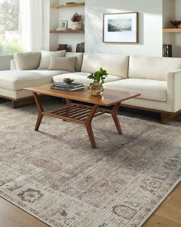 Living room with a beige sectional, wood coffee table, and the beige and chestnut Matat Area Rug. Roomscene-Rectangle