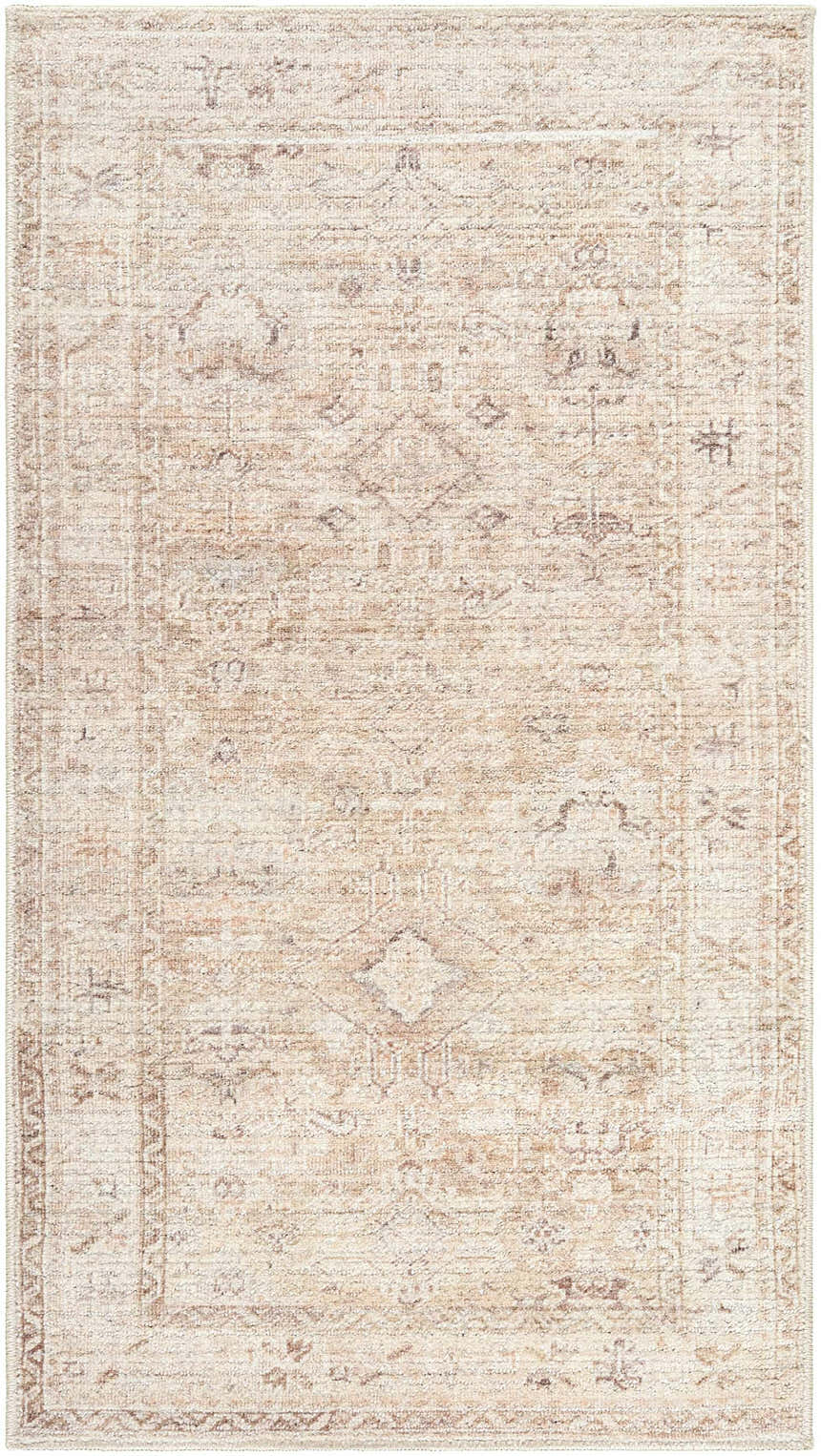 Close-up of Nakia area rug. Beige, ivory, light brown, tan, and taupe farmhouse traditional design. Design-Rectangle-23