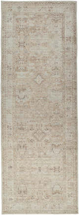 Close-up of a Nakia Area Rug. Beige, ivory, light brown, and tan tones create a traditional, farmhouse-style pattern. Design-Runner-273