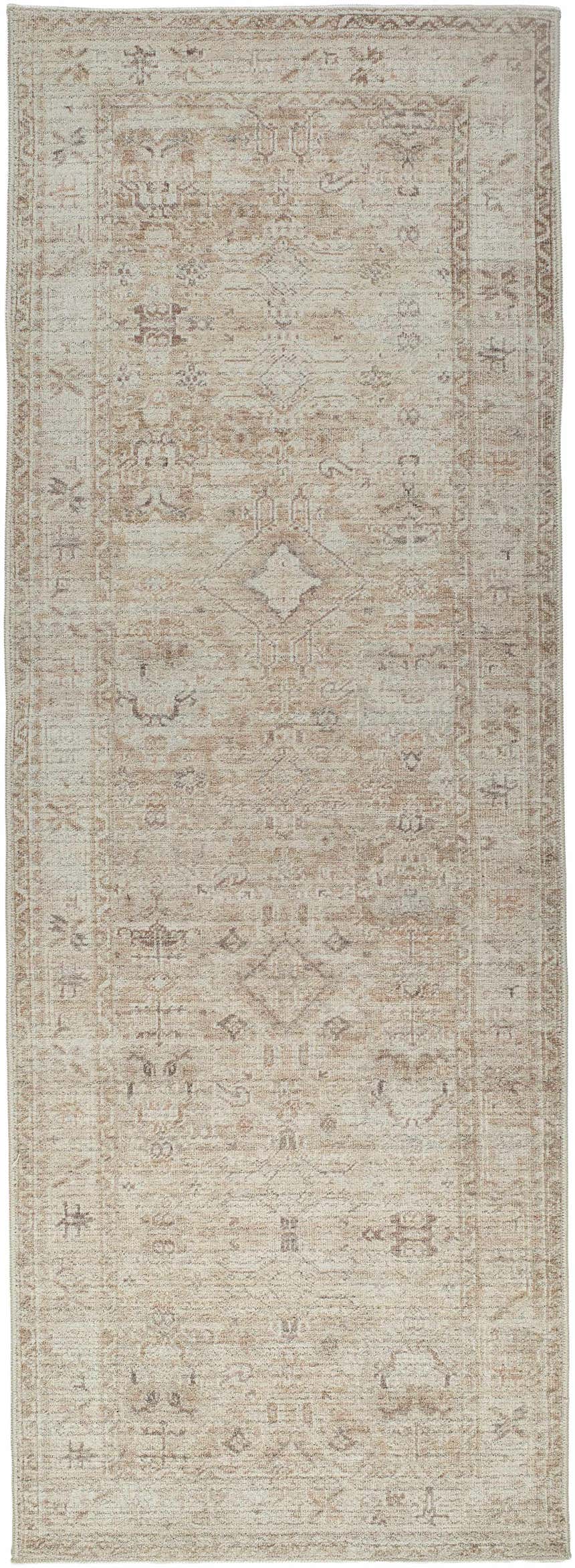 Close-up of a Nakia Area Rug. Beige, ivory, light brown, and tan tones create a traditional, farmhouse-style pattern. Design-Runner-273