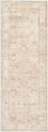 Close-up of the Nakia Area Rug. Beige, ivory, light brown, and taupe tones create a traditional, farmhouse design. Design-Runner-2773